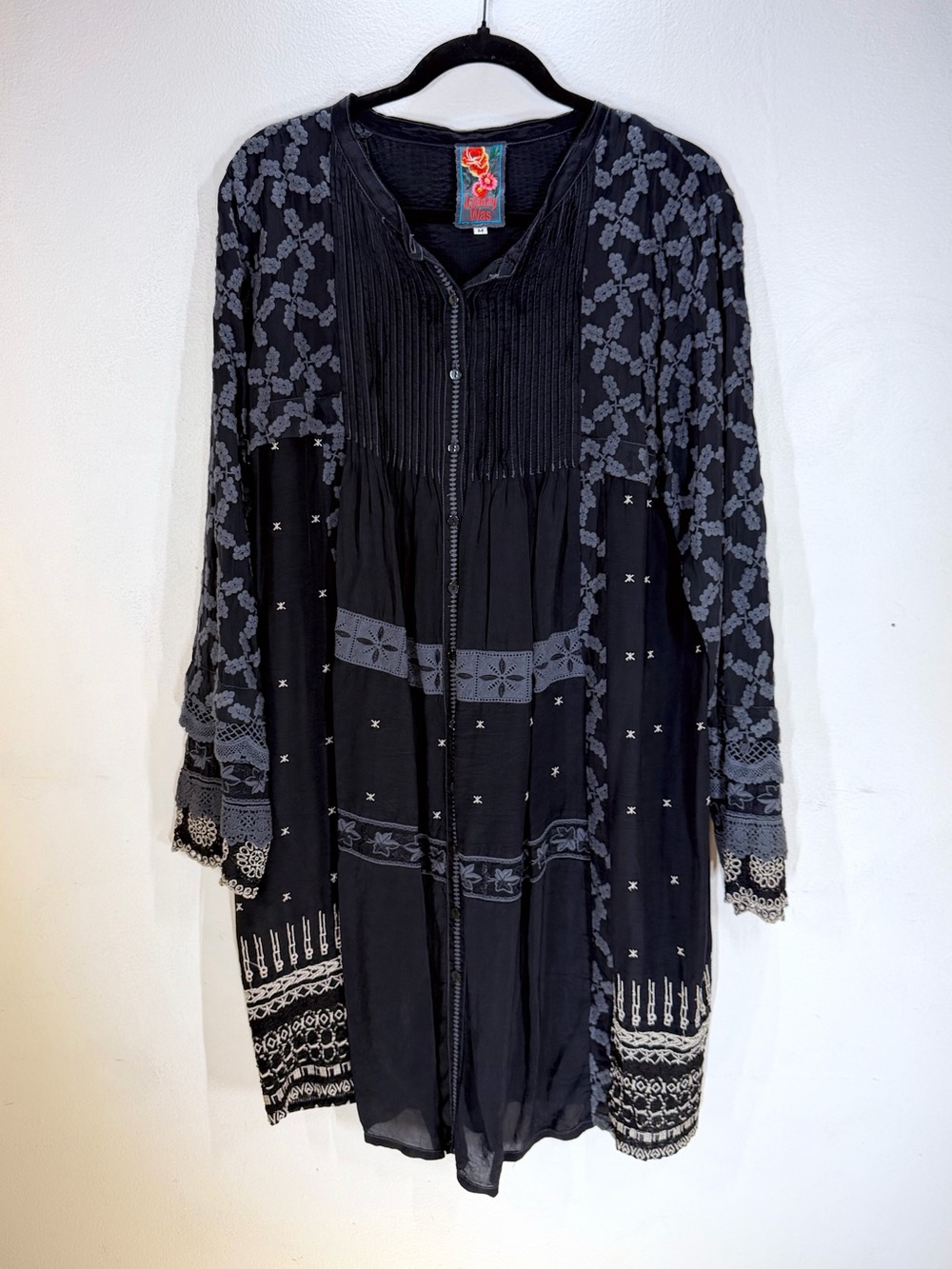 Johnny Was Navy Embroidered Pintuck Tunic Dress Boho Artisan M